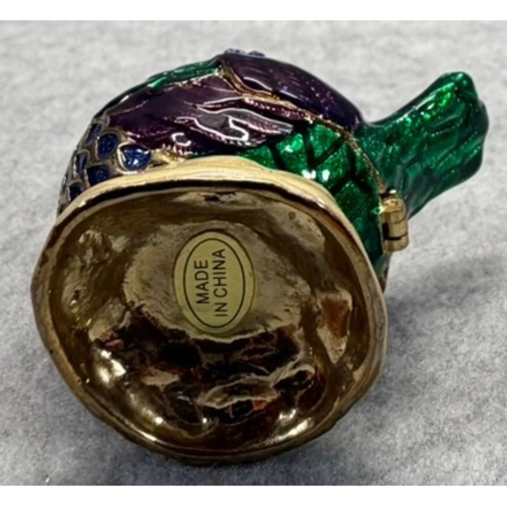 Enamel Bird Trinket Box Jeweled Rhinestone Hinged Collectible Purple Green Gold